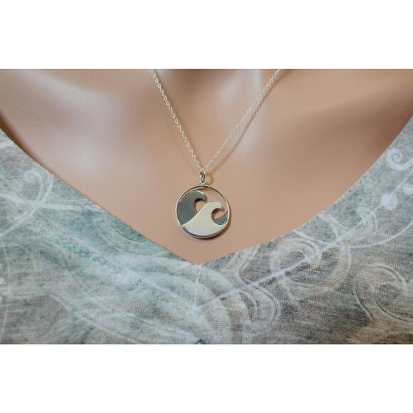 Sterling Silver Double Wave Charm Necklace, Large Ocean Wave Pendant Necklace - Picture 3 of 3